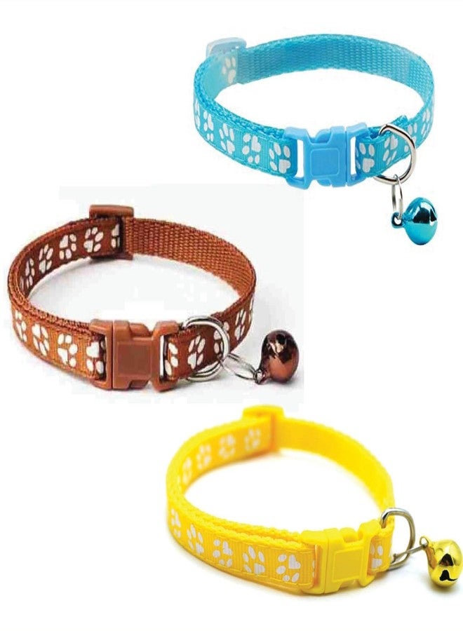 D&C PAWS Cat Collars with Bell | Soft Adjustable Breakaway Collars for Cats, Kittens & Small Dogs | Safe, Comfortable, Cute Paw Print Design Pet Collars (Set of 3-Light Blue,Brown,Yelllow) - Image 1